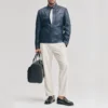 Adjustable waist mens navy leather moto jacket