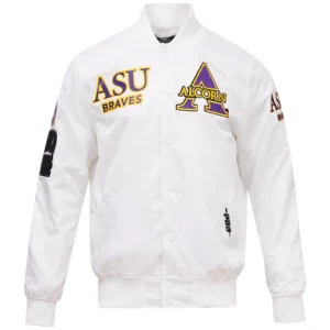 Alcorn state braves classic satin varsity white jacket