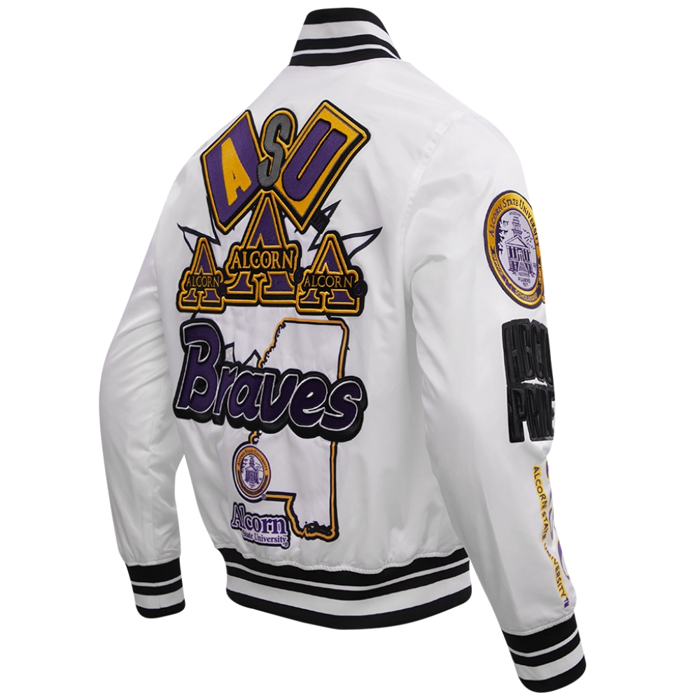 Alcorn state braves homecoming rib knitted white satin jacket