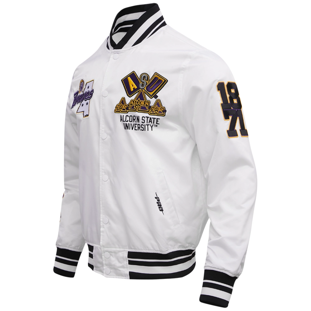 Alcorn state braves homecoming rib knitted white satin varsity jacket