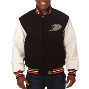 Anaheim ducks domestic two tone wool and leather jacket black white 1