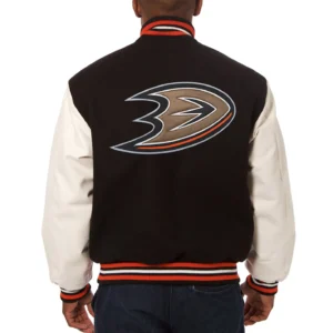 Anaheim ducks domestic two tone wool and leather jacket black white 2