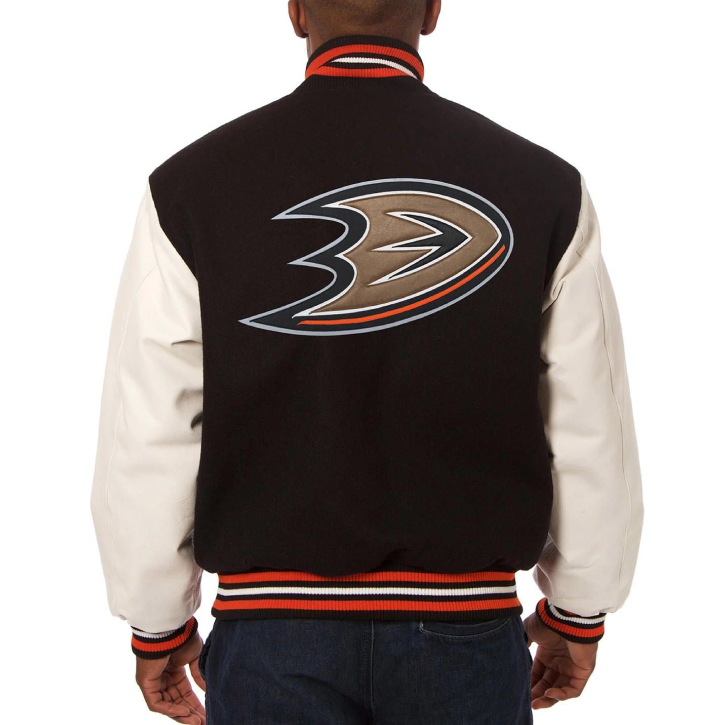 Anaheim ducks domestic two tone wool and leather jacket black white 2