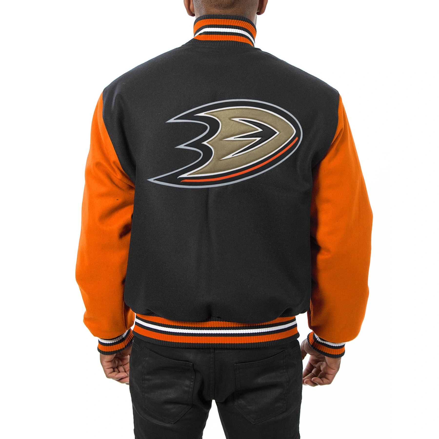 Anaheim ducks two tone wool varsity jacket black orange 1 1