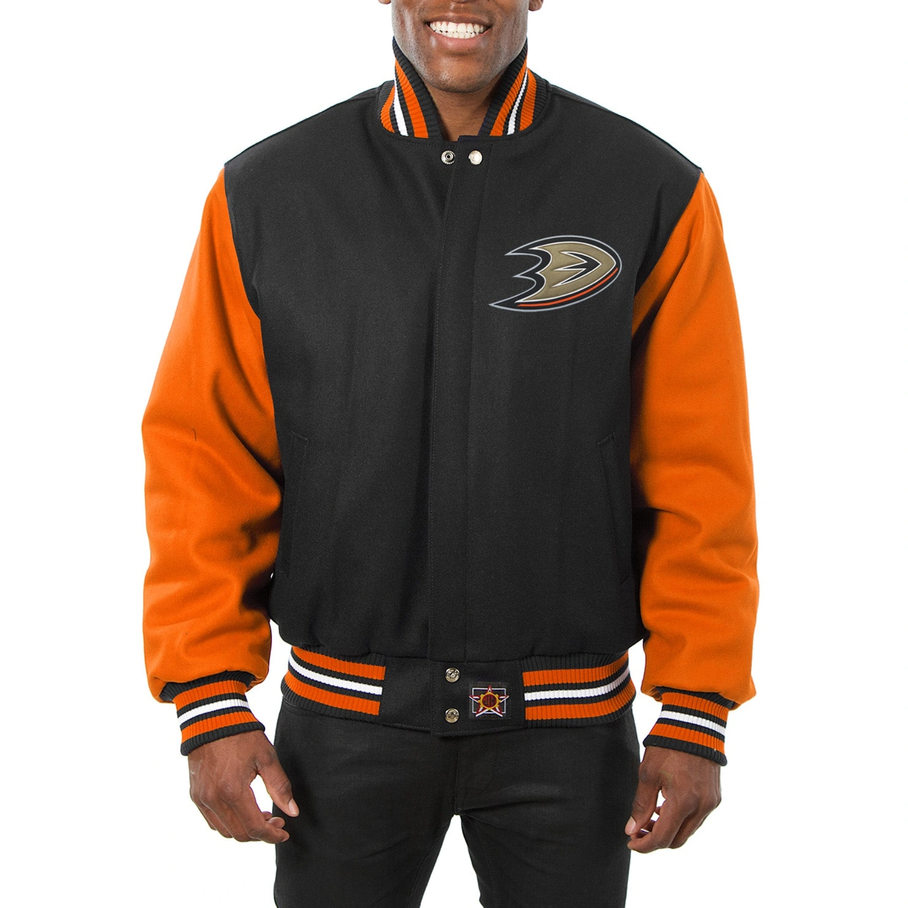 Anaheim ducks two tone wool varsity jacket black orange 1