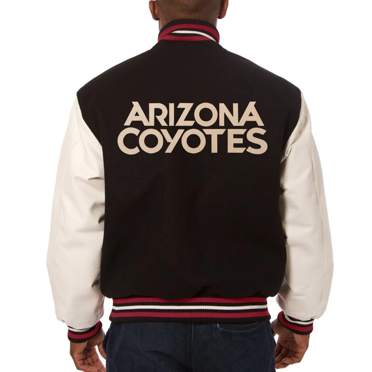 Arizona coyotes domestic two tone wool and leather jacket black white 2