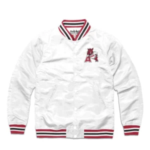 Arkansas leaning hog full snap satin varsity jacket white 1