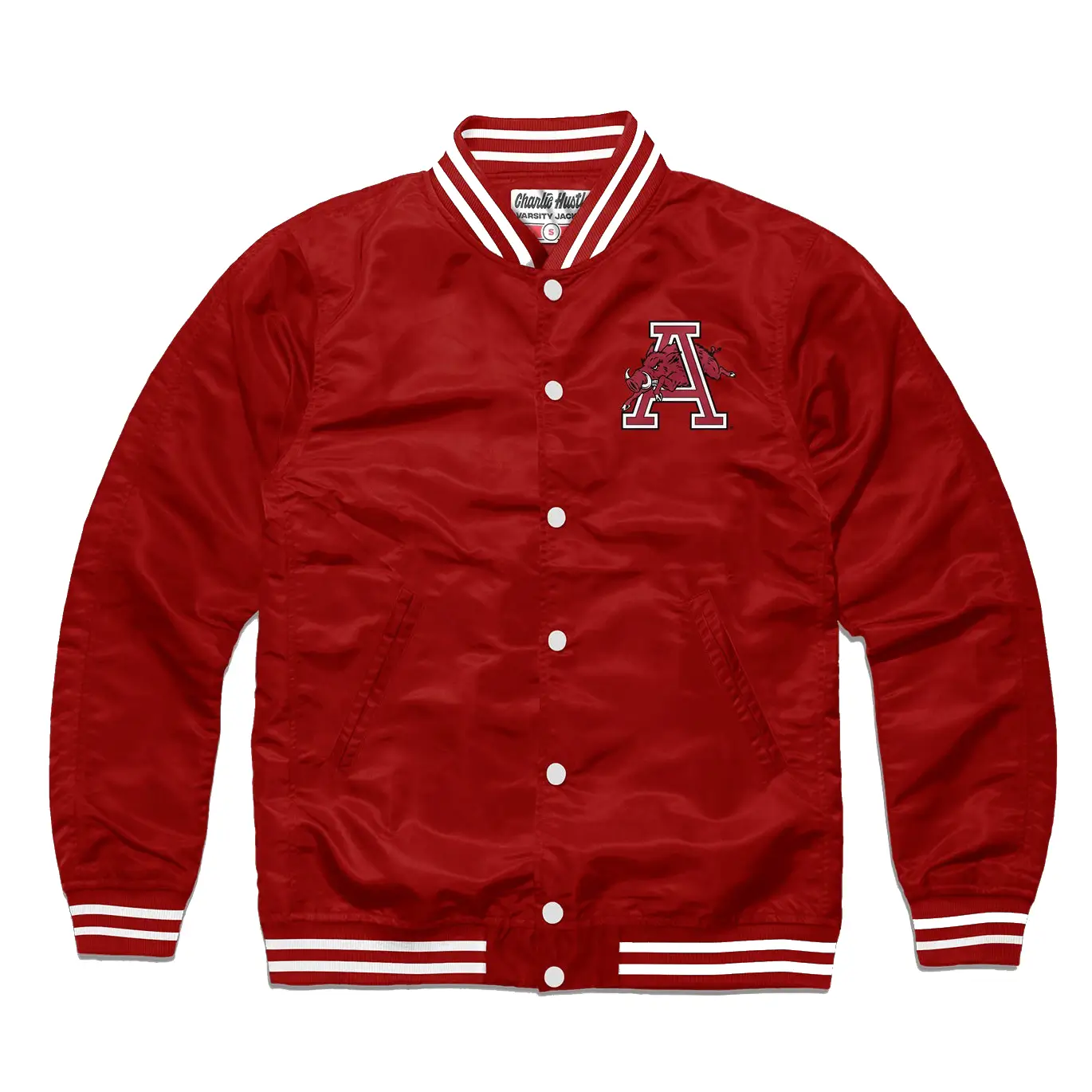 Arkansas razorbacks mens crimson track red satin varsity jacket 1