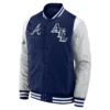 Atlanta braves elements elite navy grey full snap satin varsity jacket 1