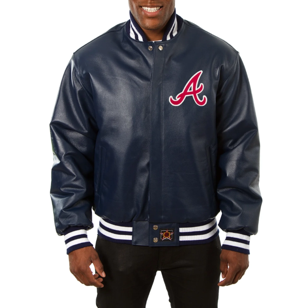 Atlanta braves full real leather varsity jacket navy 1