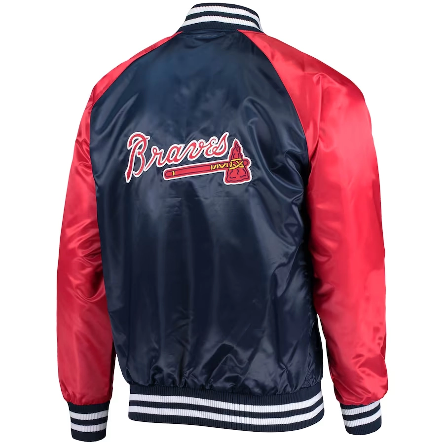 Atlanta braves lead off full snap satin varsity jacket navyred 1