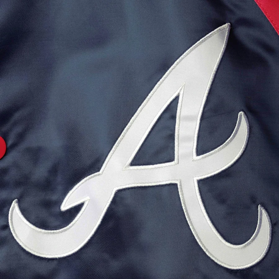 Atlanta braves lead off full snap satin varsity jacket navyred 2