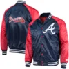 Atlanta braves lead off full snap satin varsity jacket navyred 3