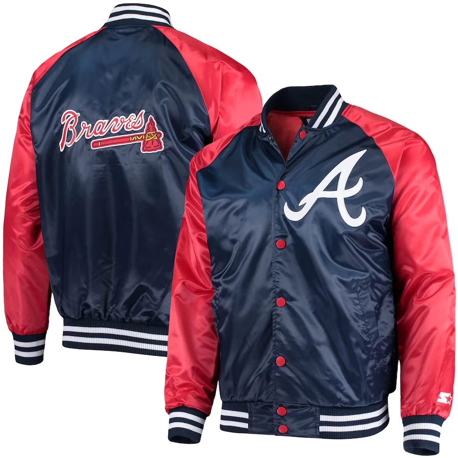 Atlanta braves lead off full snap satin varsity jacket navyred 3