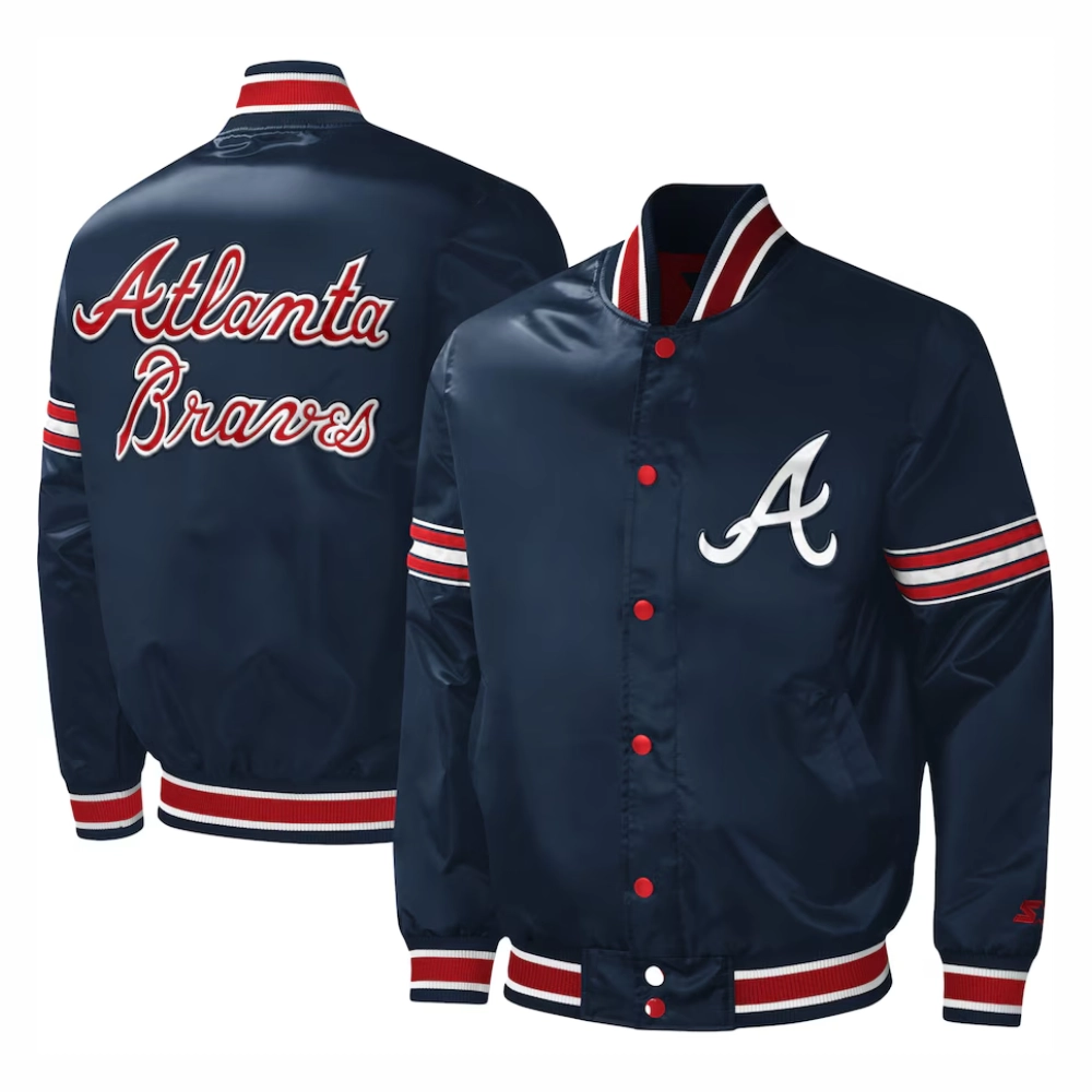 Atlanta braves midfield full snap satin varsity jacket navy 1