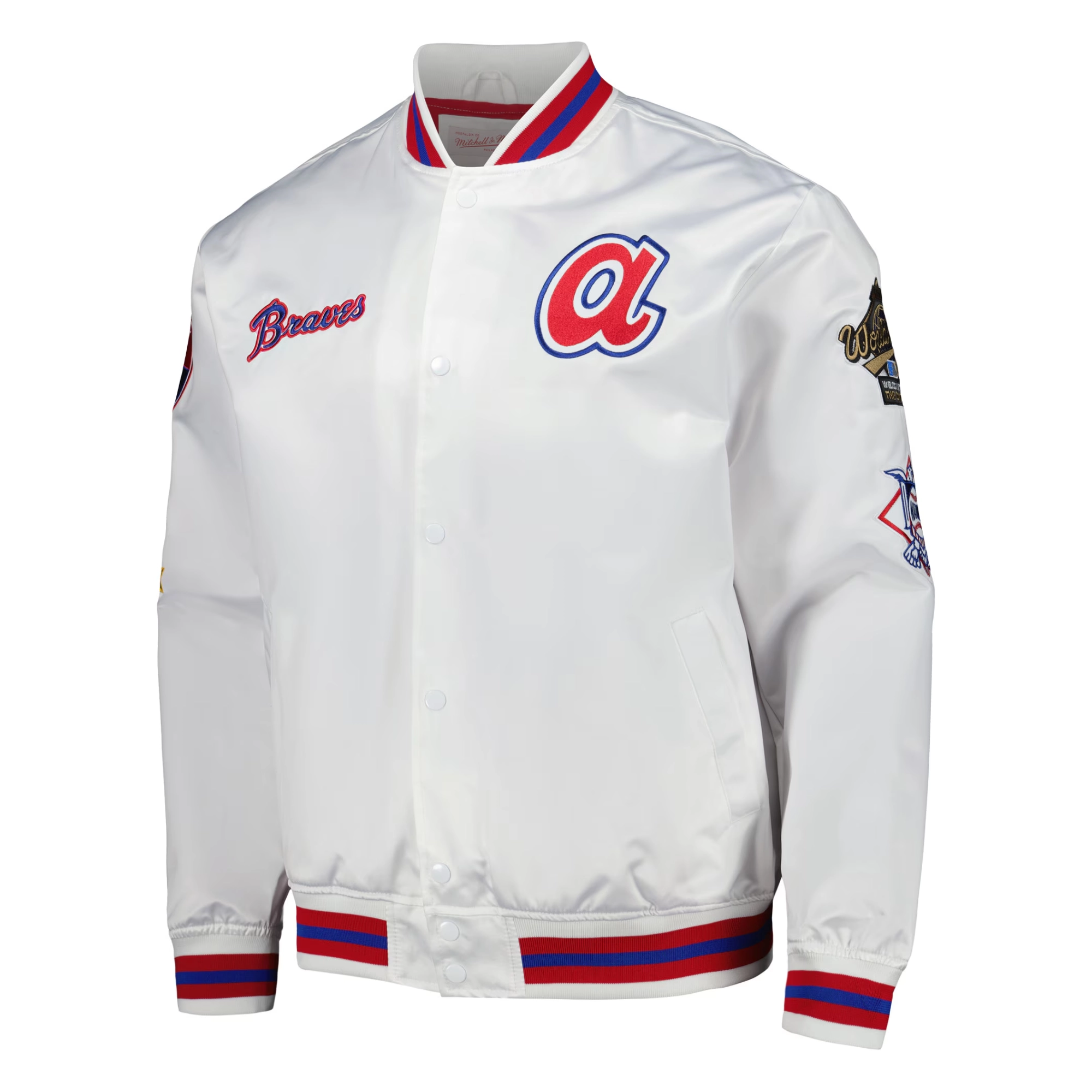 Atlanta braves mitchell ness city collection white satin varsity jacket 1