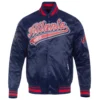 Atlanta braves script tail full snap satin varsity jacket navy 1 1