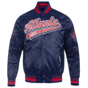 Atlanta braves script tail full snap satin varsity jacket navy 1 1