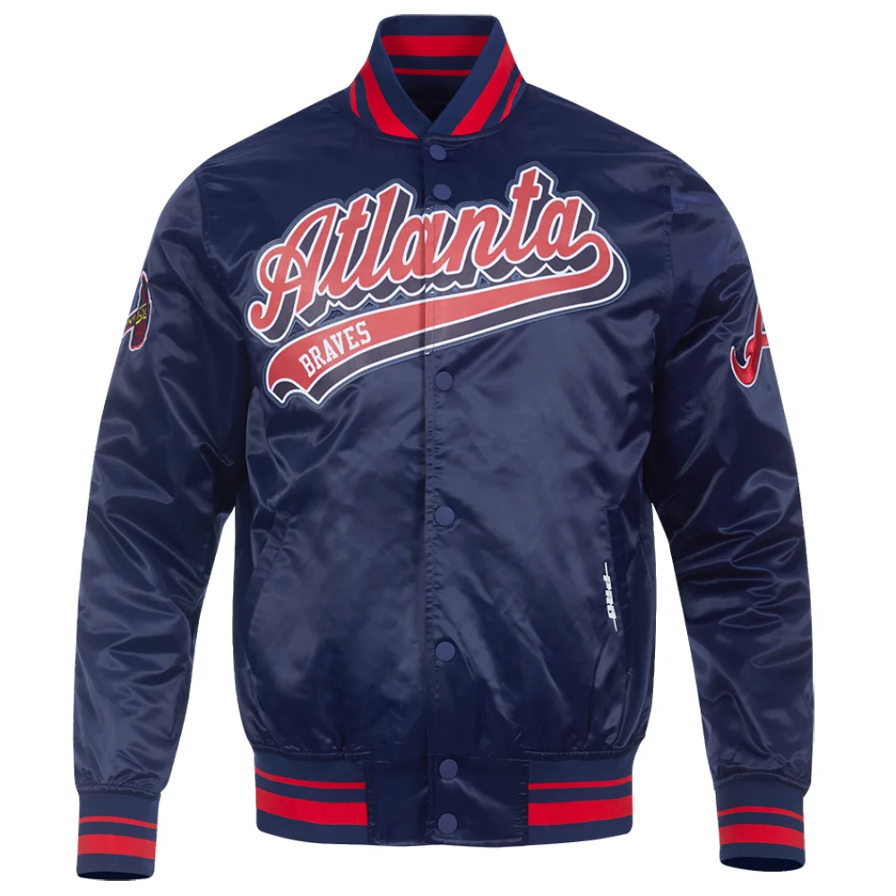 Atlanta braves script tail full snap satin varsity jacket navy 1 1