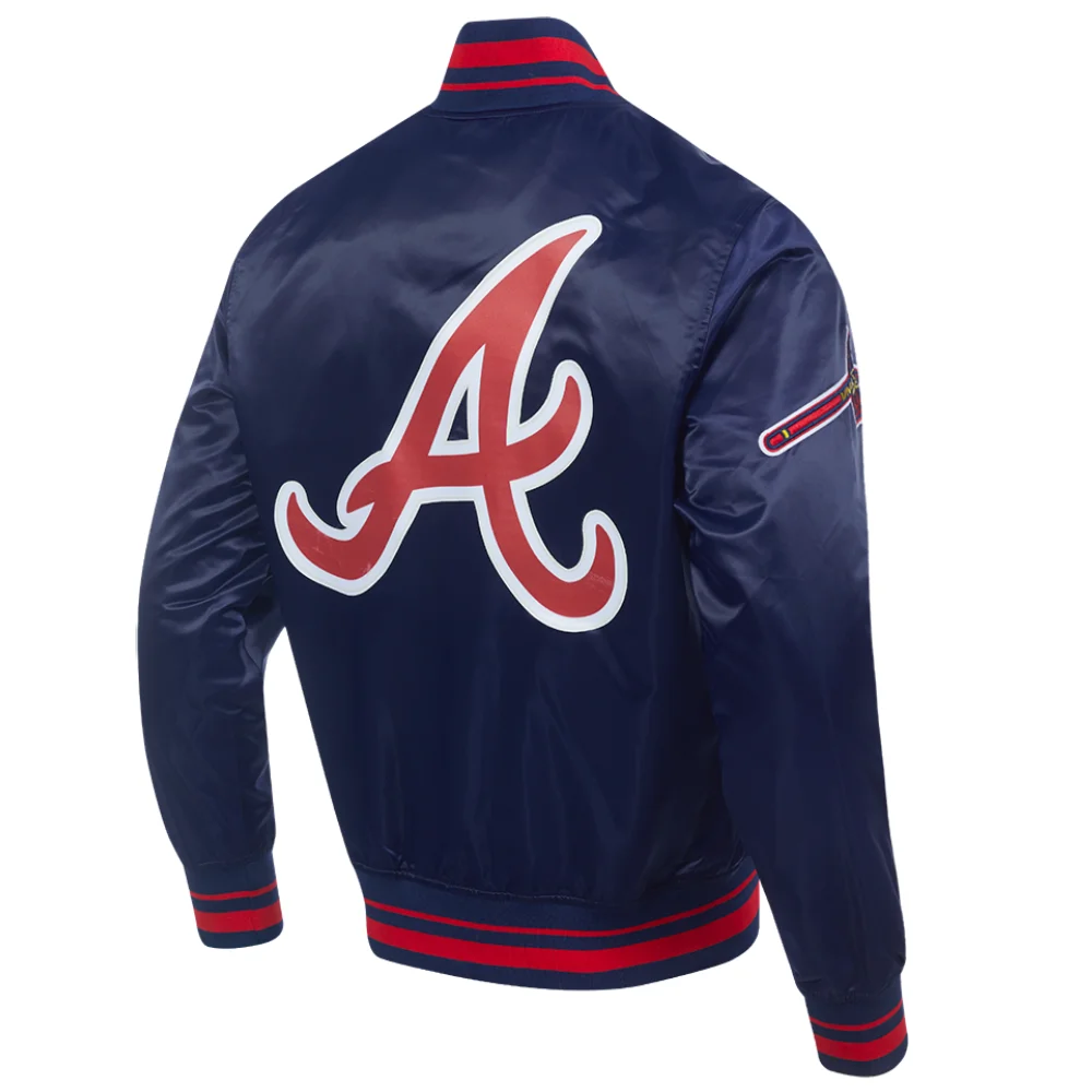 Atlanta braves script tail full snap satin varsity jacket navy 6 1