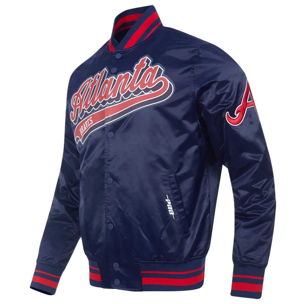Atlanta braves script tail full snap satin varsity jacket navy 8 1