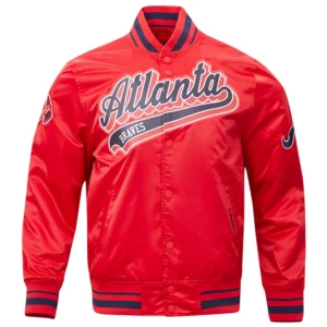 Atlanta braves script tail full snap satin varsity jacket red 1 1