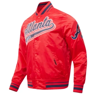 Atlanta braves script tail full snap satin varsity jacket red 7 1