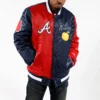 Atlanta braves starter color block navy and red satin varsity jacket 1
