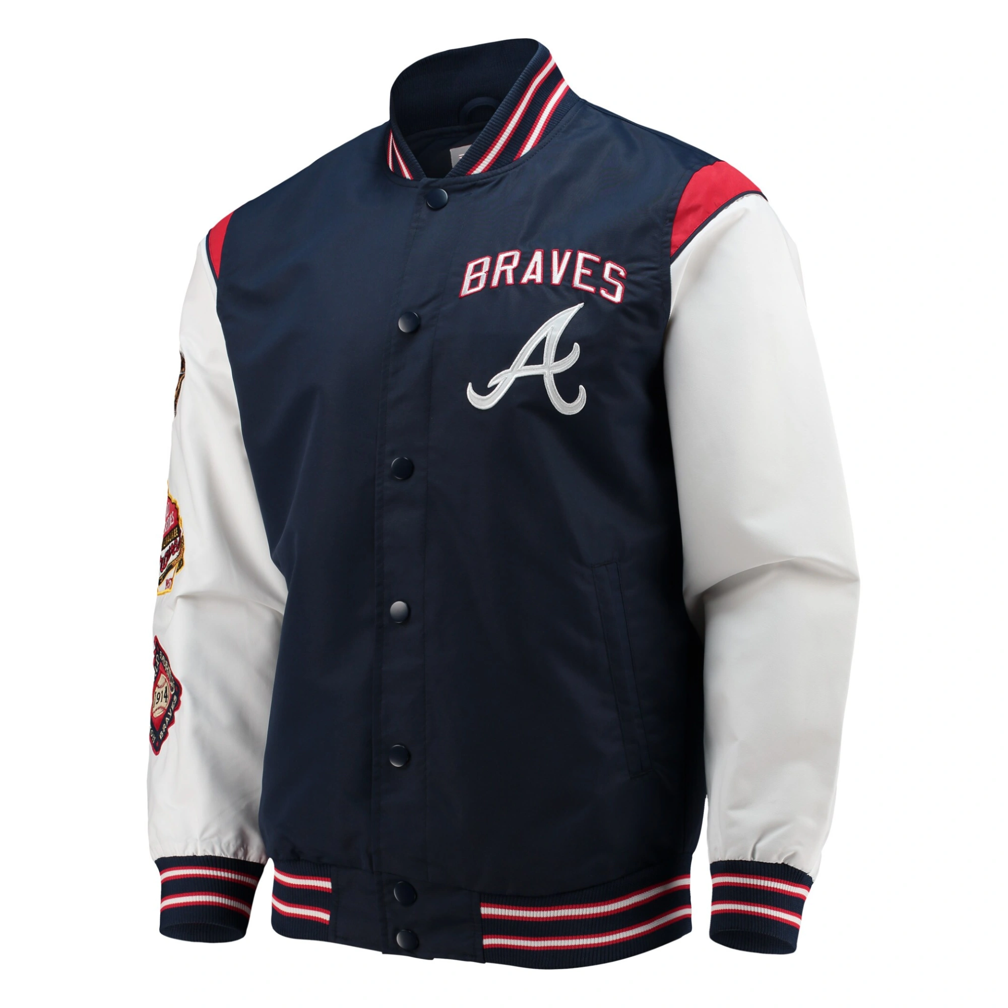 Atlanta braves starter commemorative throwback navy satin varsity jacket 1