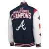 Atlanta braves starter commemorative throwback navy satin varsity jacket 2