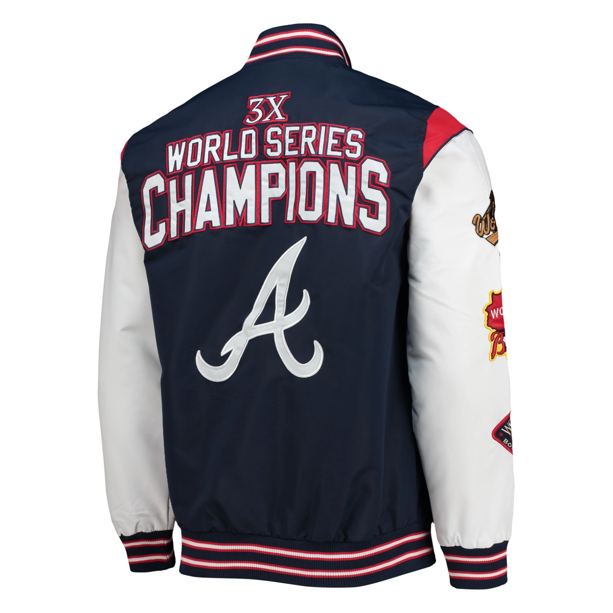 Atlanta braves starter commemorative throwback navy satin varsity jacket 2