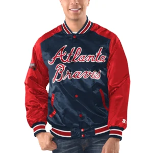 Atlanta braves starter renegade navy and red satin varsity jacket 1