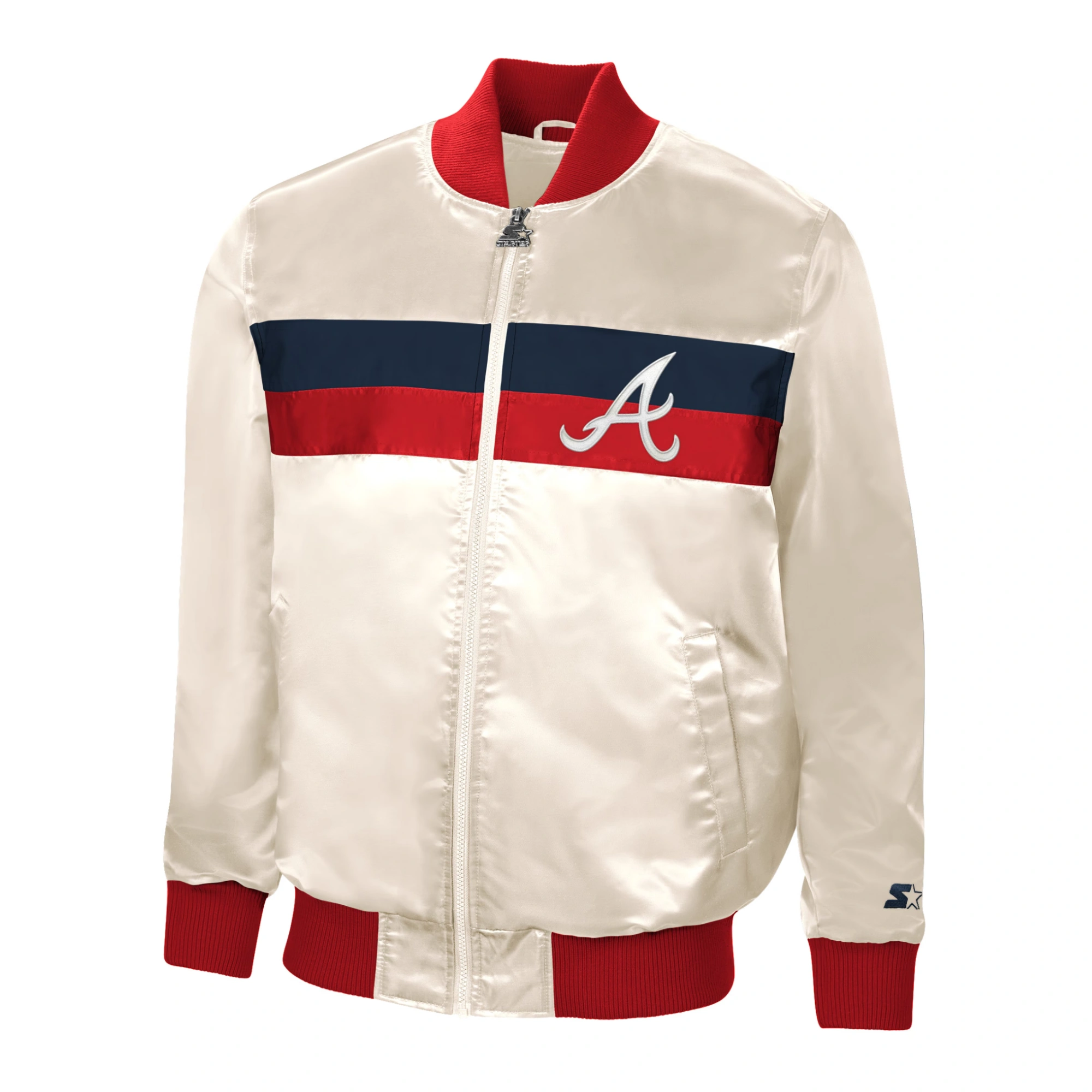 Atlanta braves starter the ambassador home cream satin varsity jacket 1