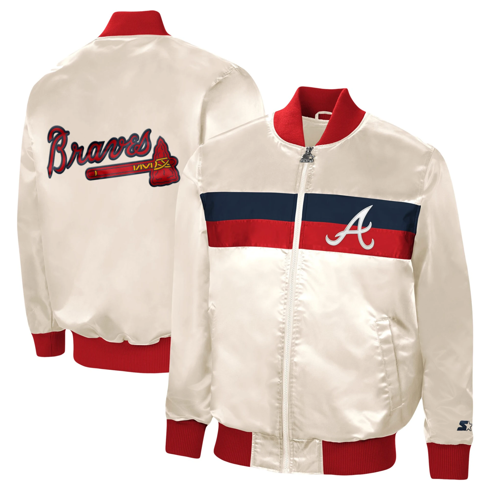 Atlanta braves starter the ambassador home cream satin varsity jacket 4