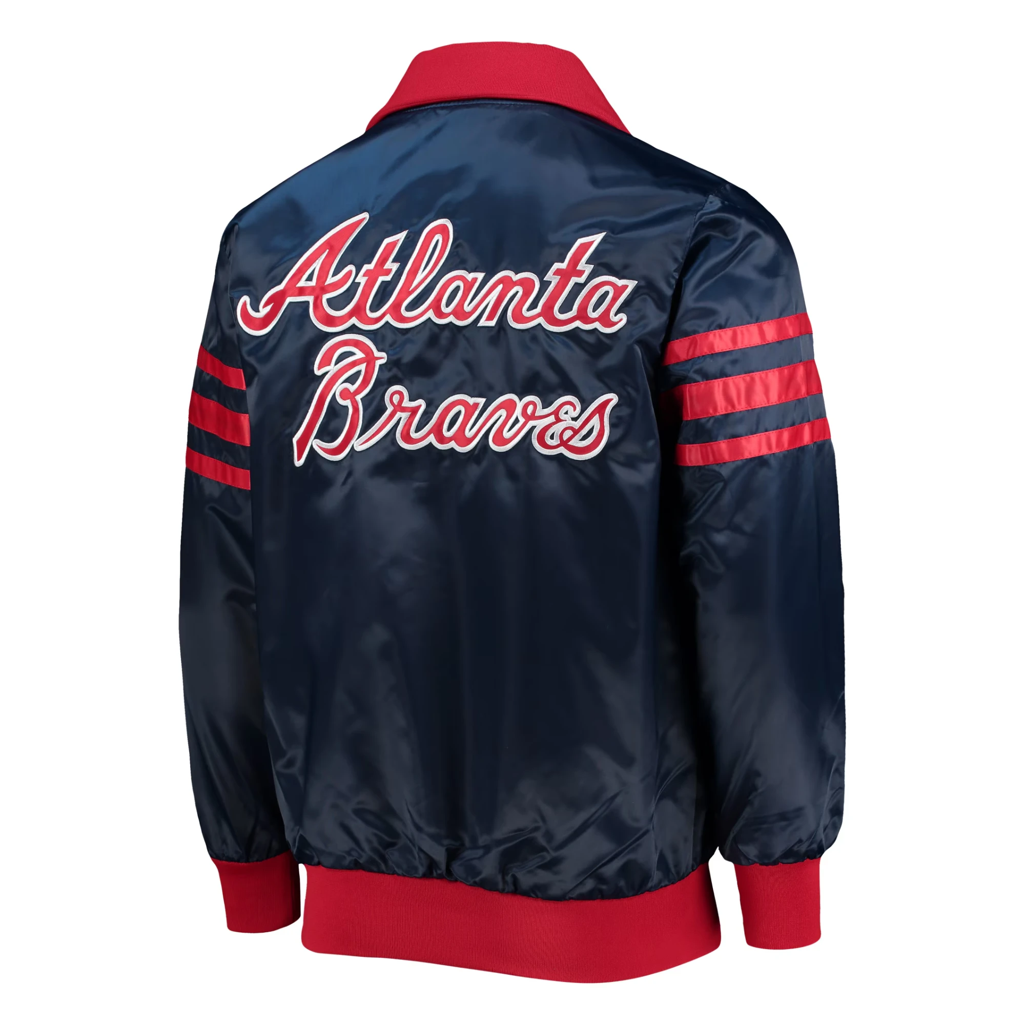 Atlanta braves starter the captain ii navy and red satin varsity jacket 2