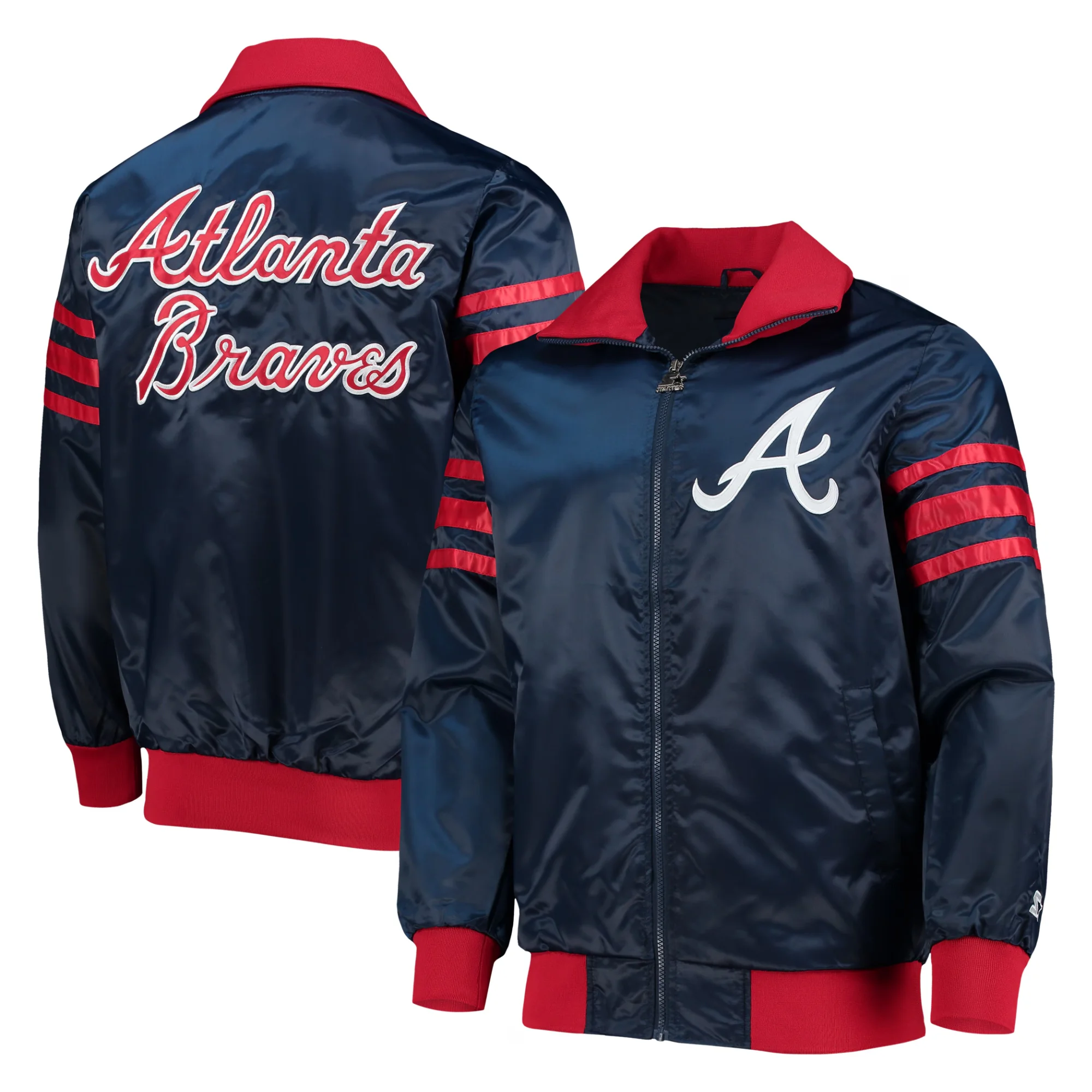 Atlanta braves starter the captain ii navy and red satin varsity jacket 4