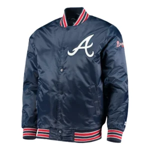 Atlanta braves starter the diamond navy satin varsity jacket 1
