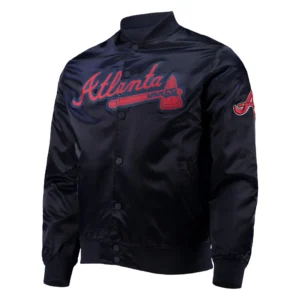 Atlanta braves starter wordmark navy satin varsity jacket 1