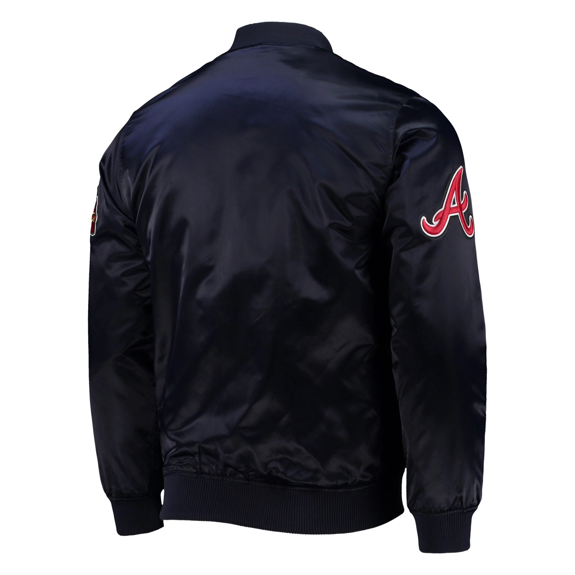 Atlanta braves starter wordmark navy satin varsity jacket 2