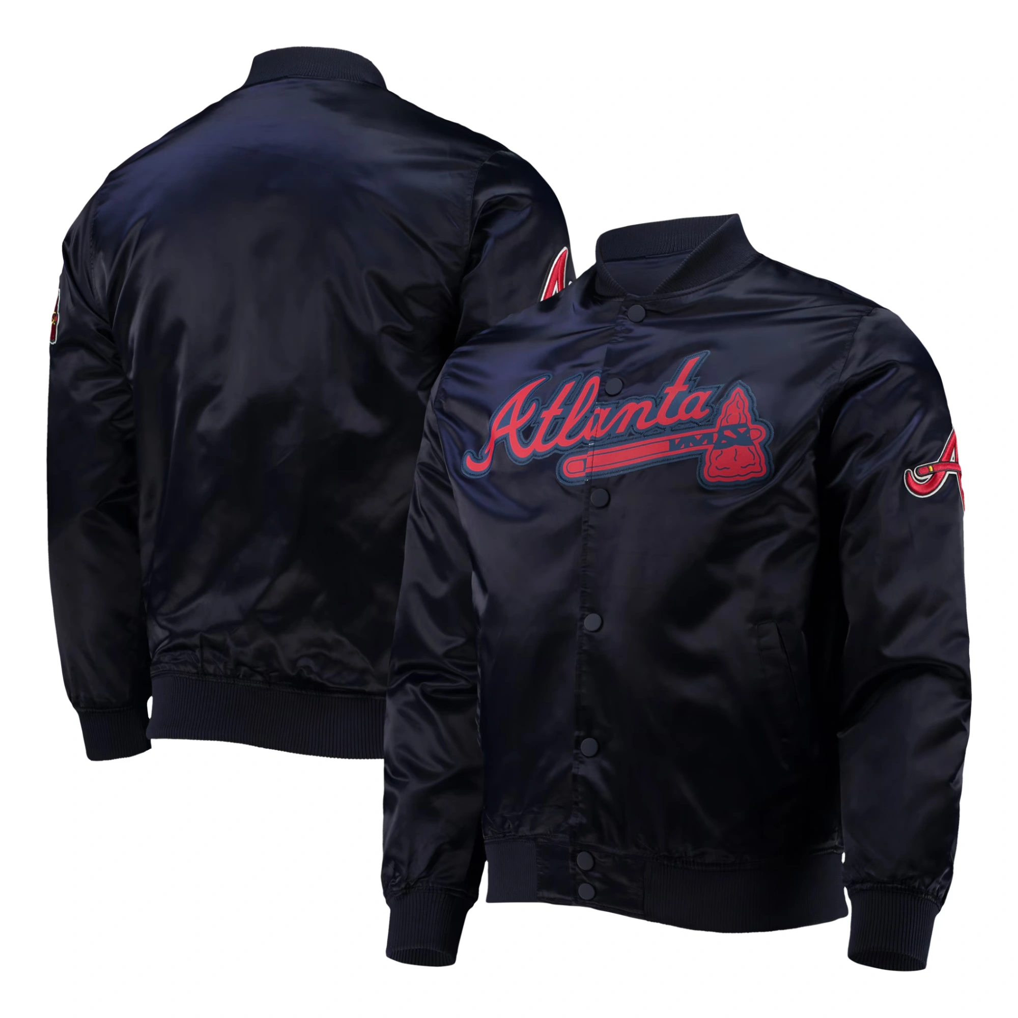 Atlanta braves starter wordmark navy satin varsity jacket 4
