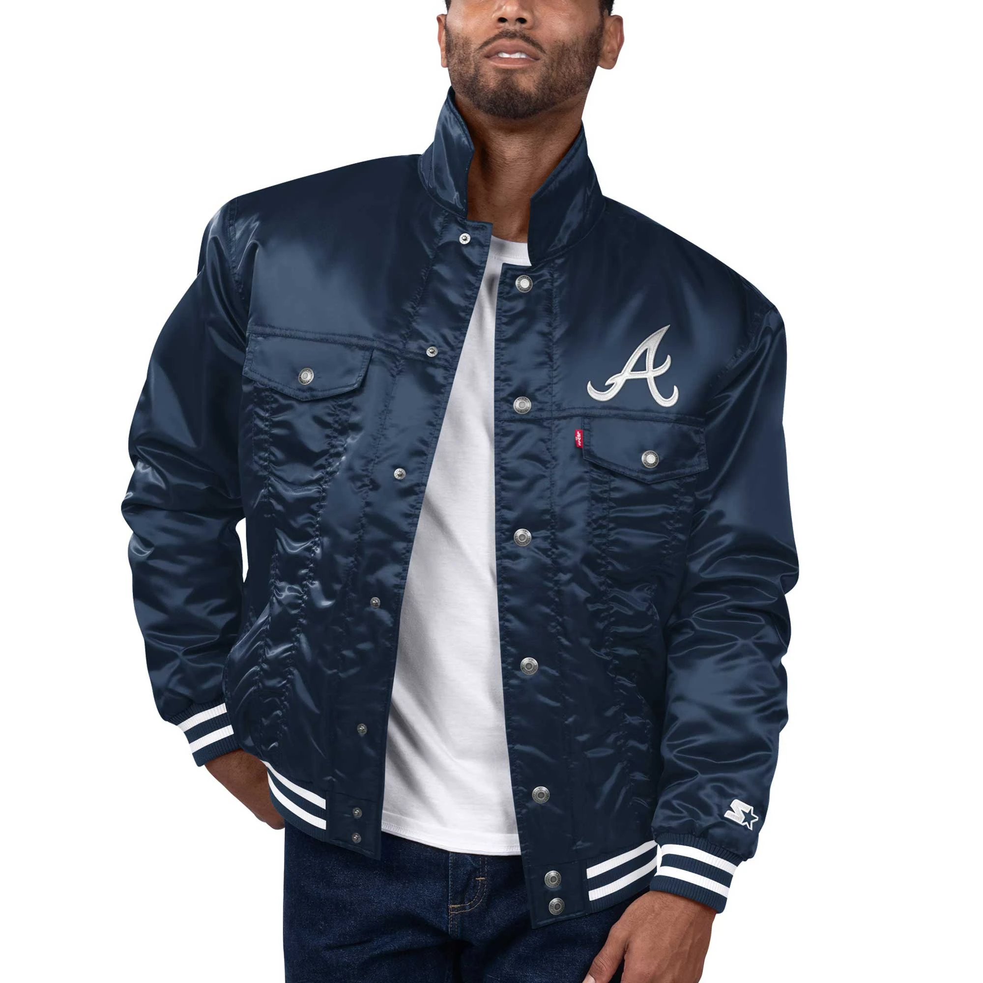 Atlanta braves starter x levis silver tab satin full snap navy trucker jacket 1