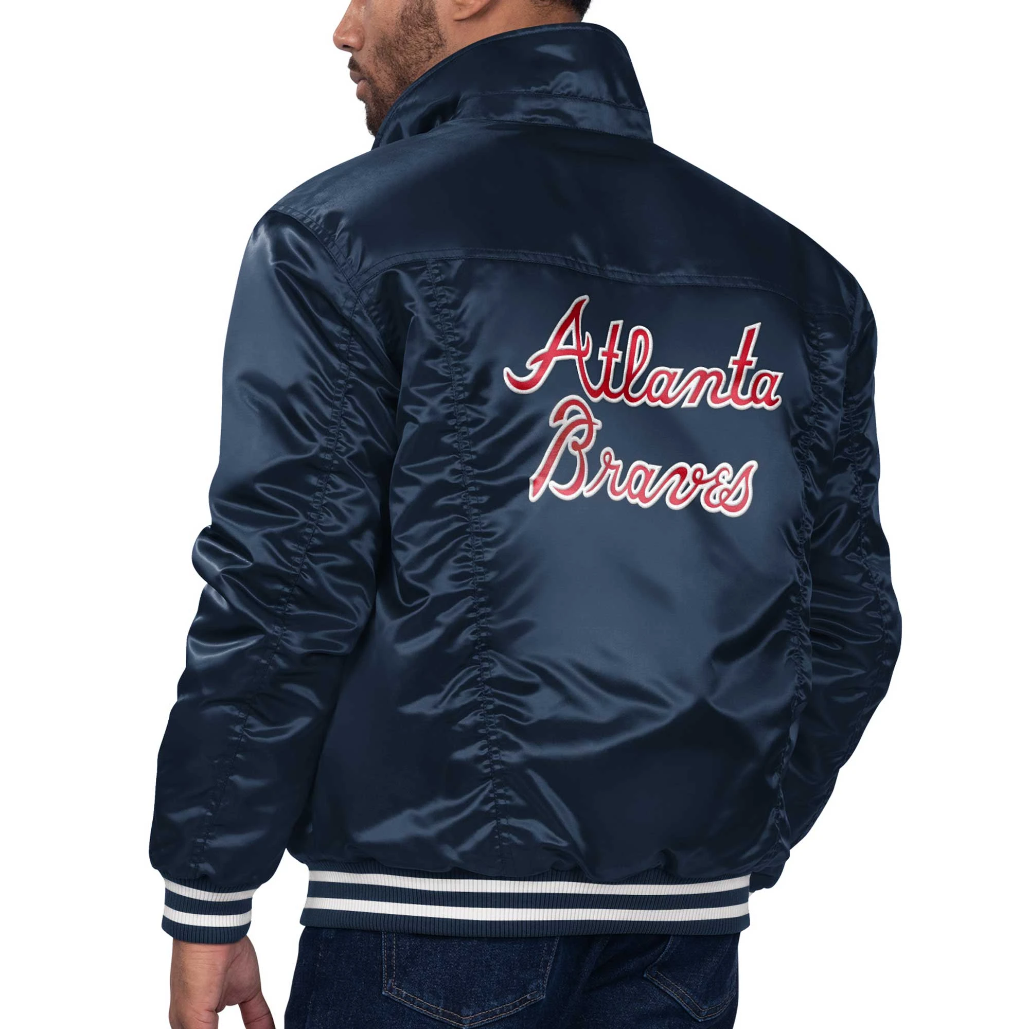Atlanta braves starter x levis silver tab satin full snap navy trucker jacket 2