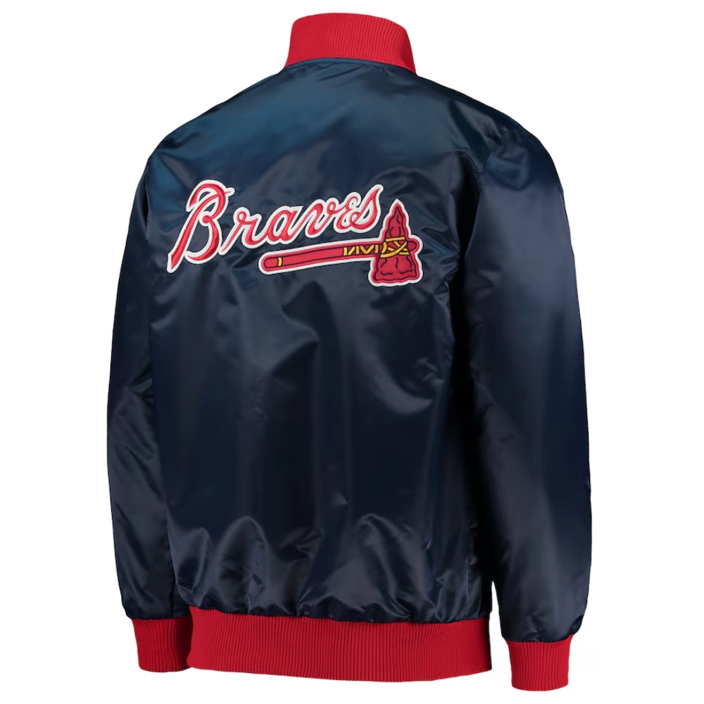 Atlanta braves the ambassador full snap satin varsity jacket navy 1