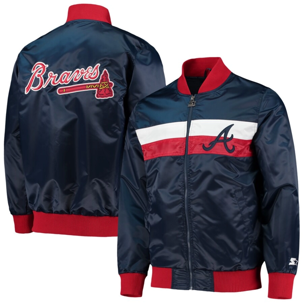 Atlanta braves the ambassador full snap satin varsity jacket navy 3