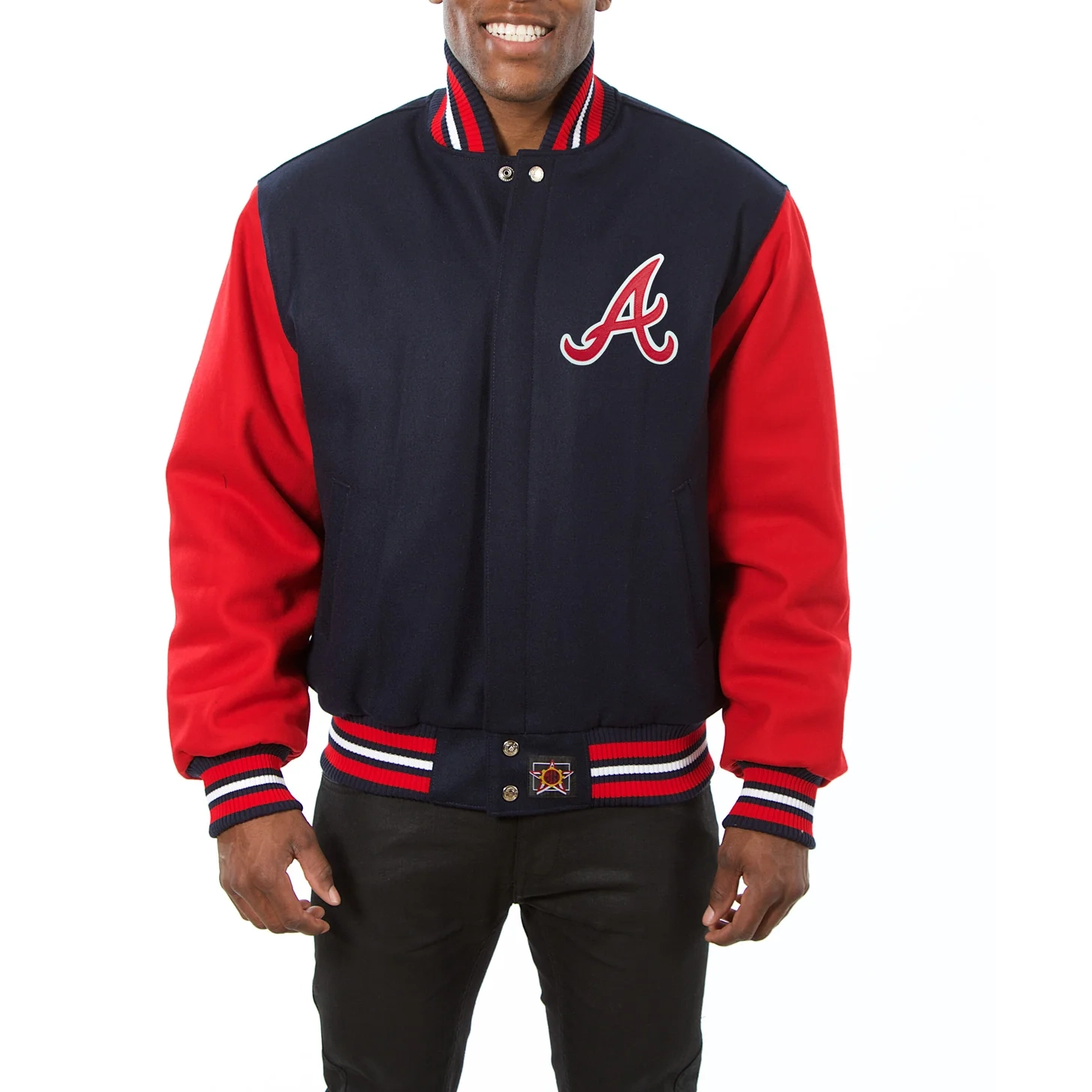 Atlanta braves two tone embroidered logo wool varsity jacket navy red 1