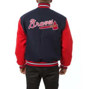 Atlanta braves two tone embroidered logo wool varsity jacket navy red 2