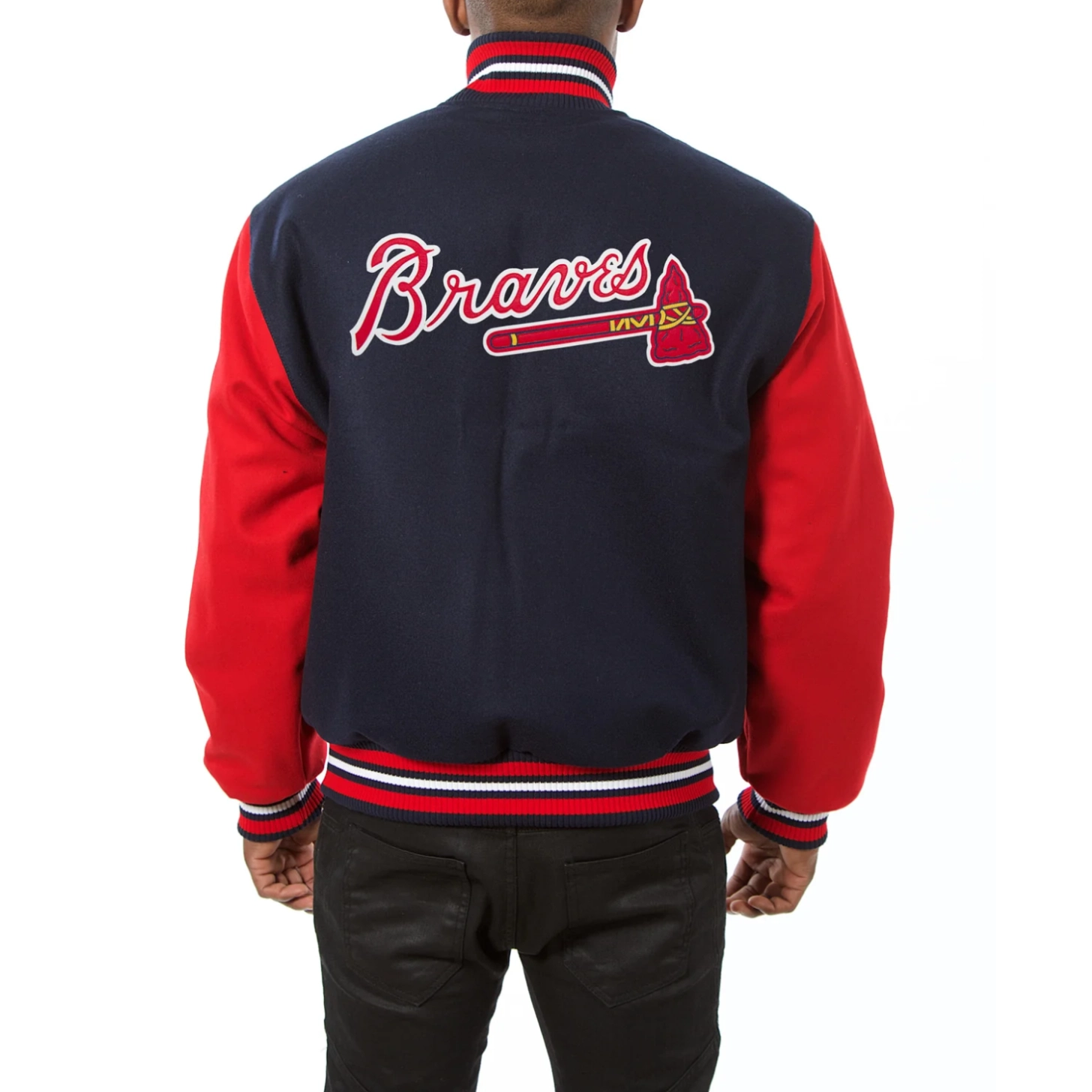 Atlanta braves two tone embroidered logo wool varsity jacket navy red 2