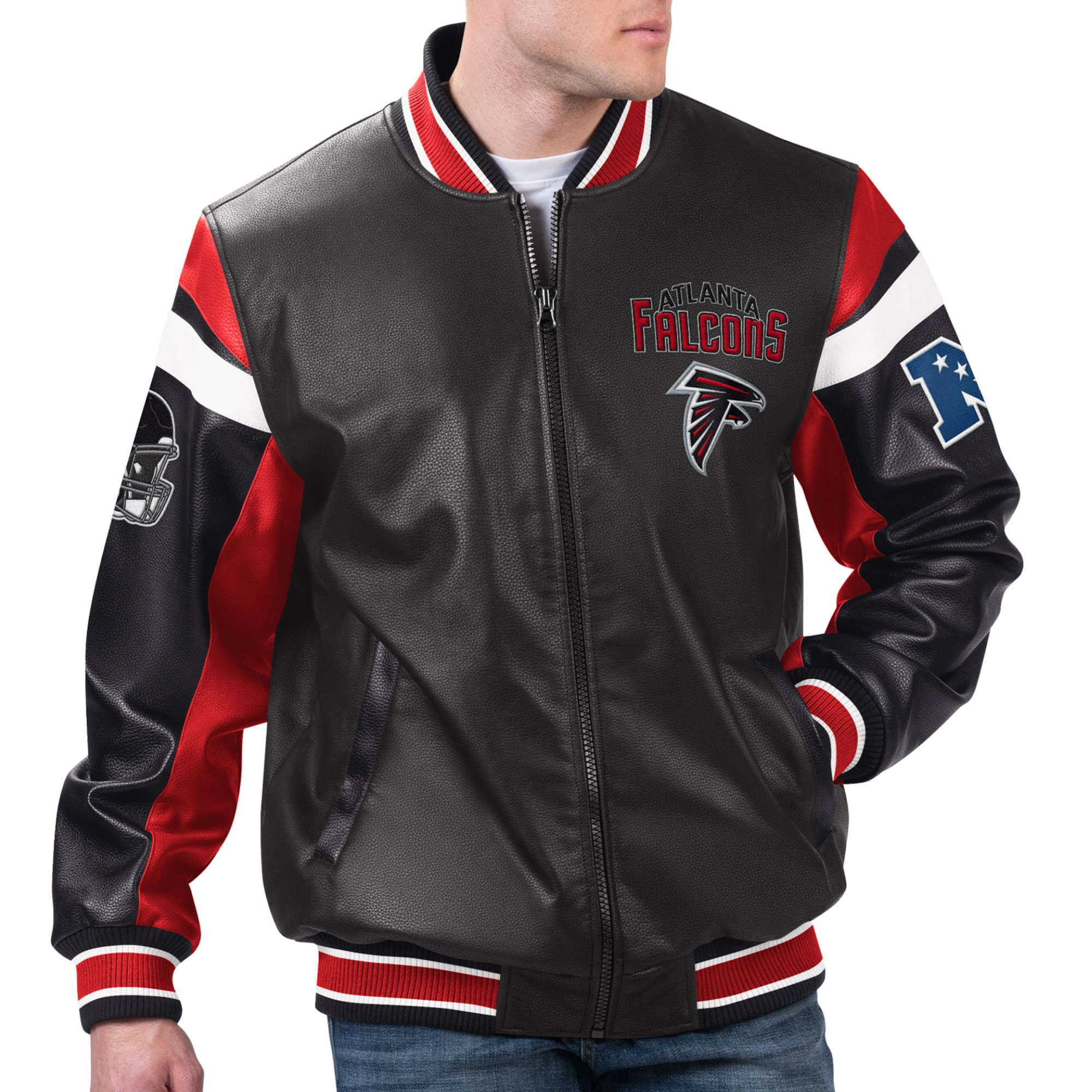 Atlanta falcons full zip leather varsity jacket black 1