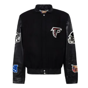 Atlanta falcons jeff hamilton black wool and leather varsity jacket 1