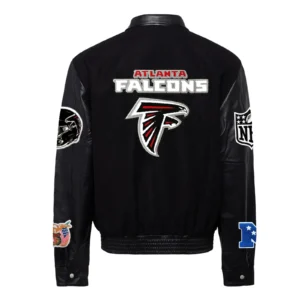 Atlanta falcons jeff hamilton black wool and leather varsity jacket 2
